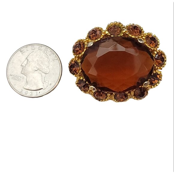 Gold Tone Rhinestone Flower Faceted Topaz Glass Trombone Clasp Cameo Brooch M755 - Picture 5 of 8